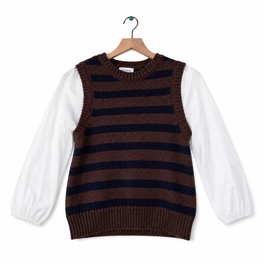 Evereve Layered Sweater Vest Blouse Top XS Brown Navy Stripe
